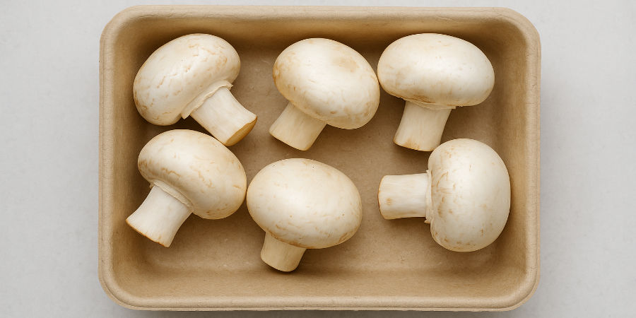 A punnet made from thermoformed miscanthus containg fresh mushrooms for a supermarket